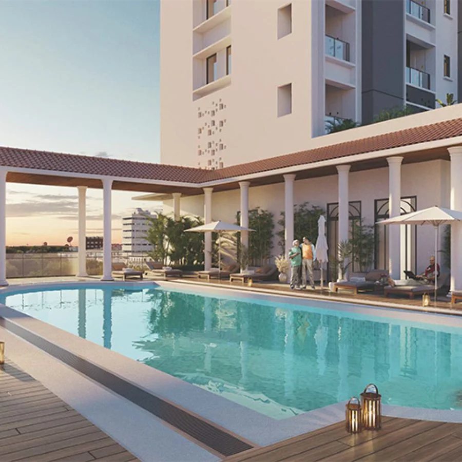 Pool deck at sunset